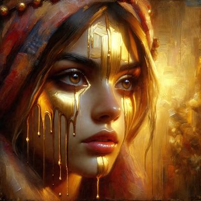 The primary subject of the image is a woman with a gold crown on her head. She is wearing a red scarf and has gold dripping down her face. The setting is a painting, and the visual style is a mix of digital art and illustration. The colors in the image are predominantly gold and red, creating a warm and vibrant atmosphere.